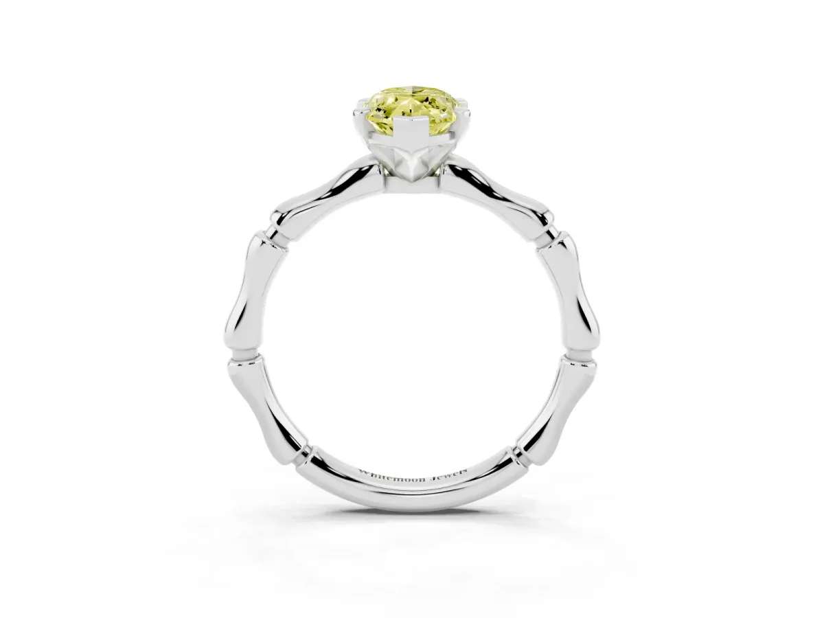 Fancy Yellow Marquise Cut Solitaire Diamond Ring with Bamboo Band and Four-Prong Setting White gold