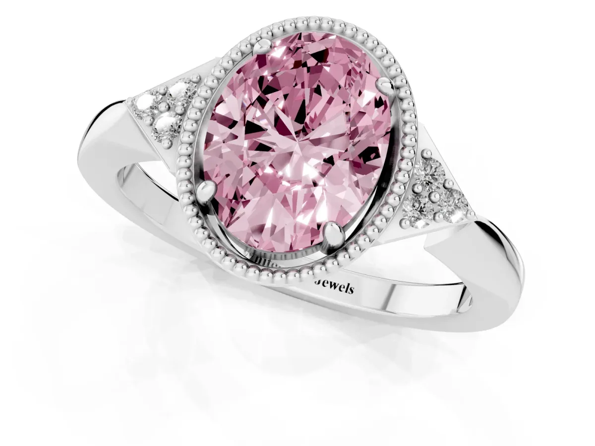 Fancy Pink Hexagonal Halo Oval Cut Diamond Solitaire with Pavé Band and Four-Prong Setting Platinum