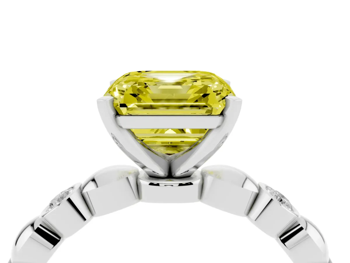 Fancy Yellow Asscher Cut Solitaire Bezel-Set Diamond Ring with Beaded Band and Four-Prong Setting Silver