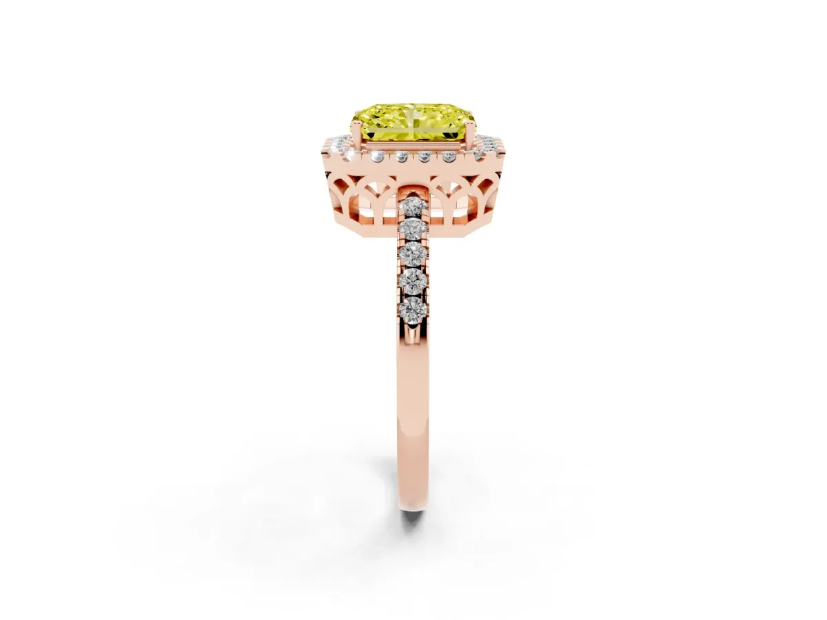 Fancy Yellow Radiant Cut Halo Diamond Engagement Ring with Pavé Band and Four-Prong Setting Rose gold