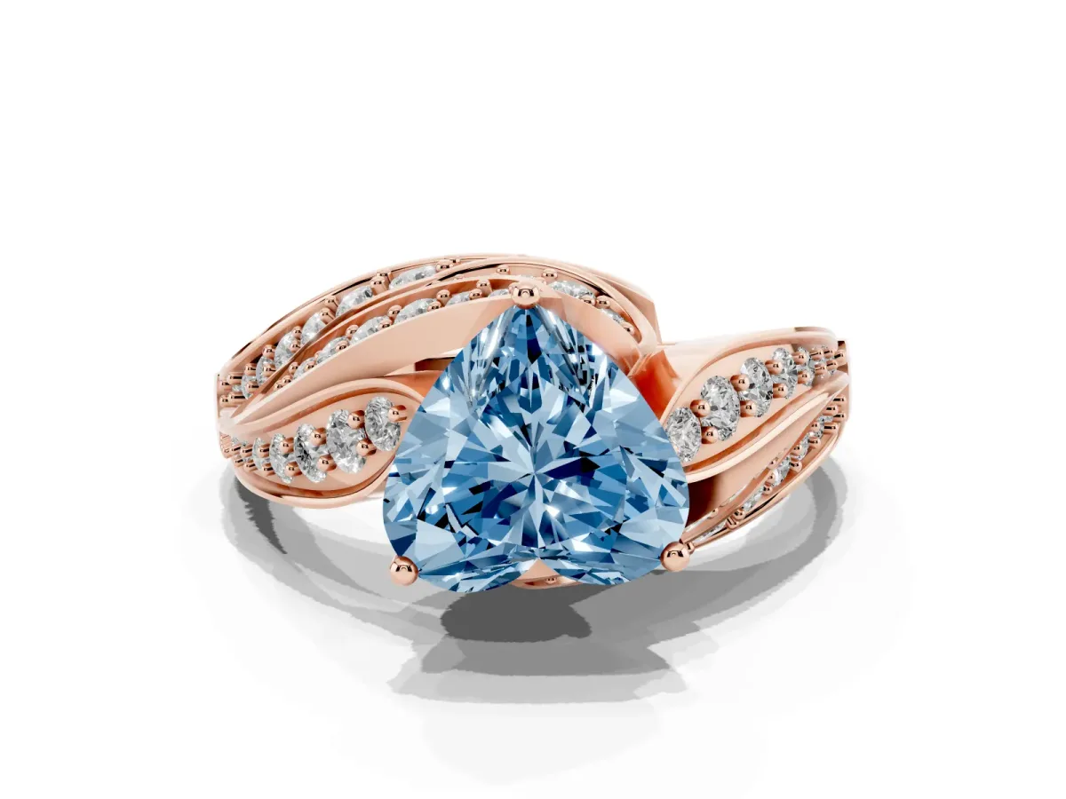 Fancy Blue Heart Cut Diamond Solitaire Ring with Prong Setting and Twisted Pavé Band Rose gold
