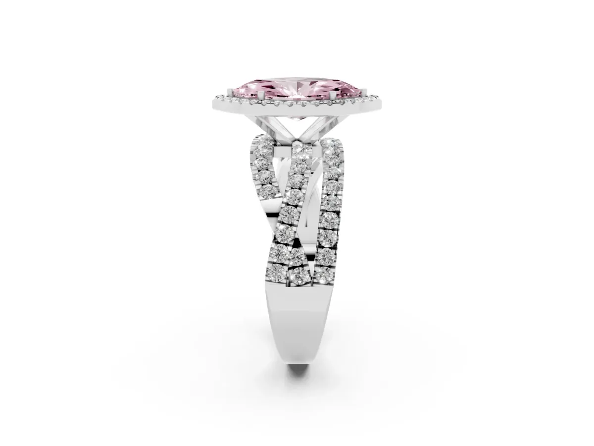 Fancy Pink Marquise Cut Diamond Halo Ring with Round Split Shank and Prong Setting Silver