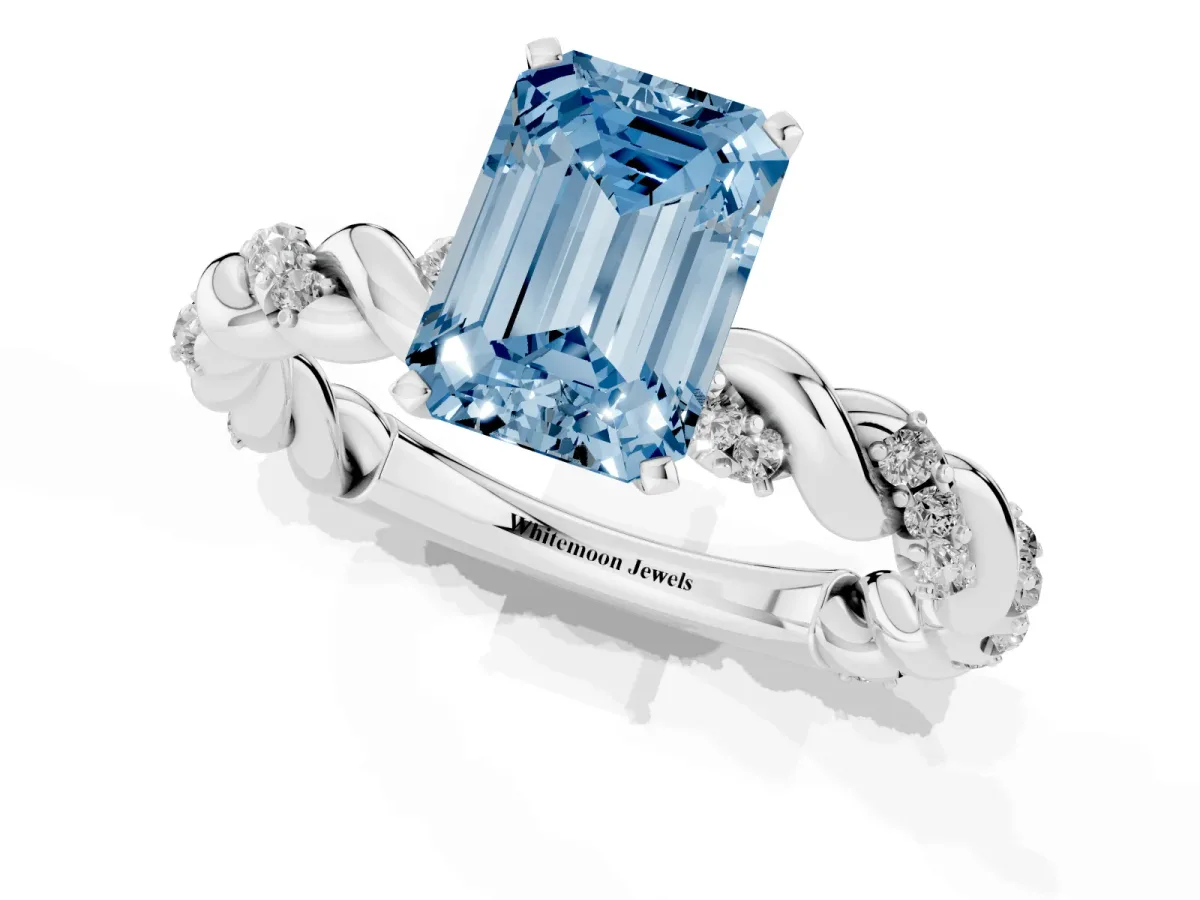 Fancy Blue Emerald Cut Diamond Solitaire Ring with Twisted Band and Pavé Accents White gold