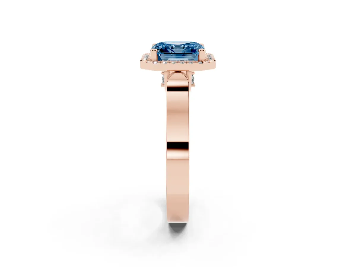 Fancy Blue Asscher Cut Halo Pave Split Shank Prong Setting Ring Rose gold