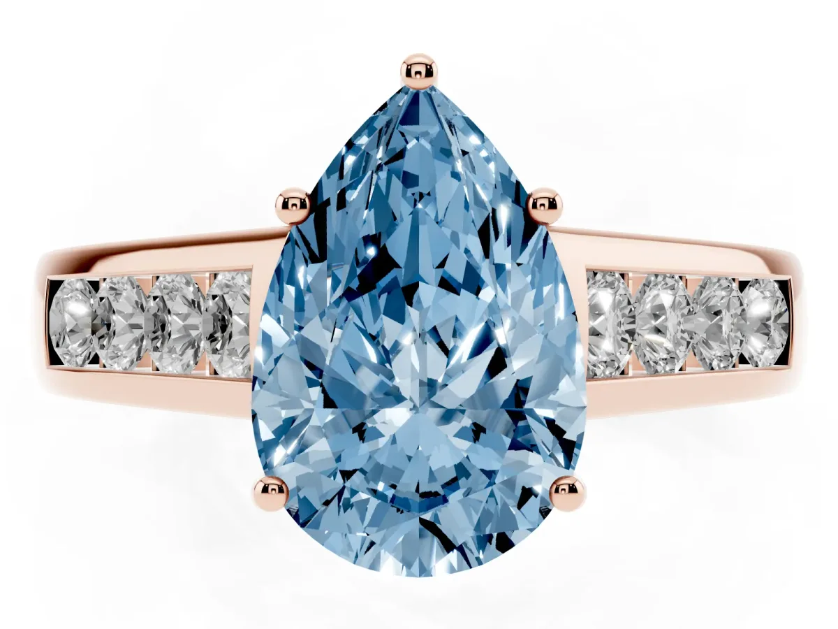 Fancy Blue Pear Cut Solitaire Channel-Set Diamond Engagement Ring with Four-Prong Setting Rose gold