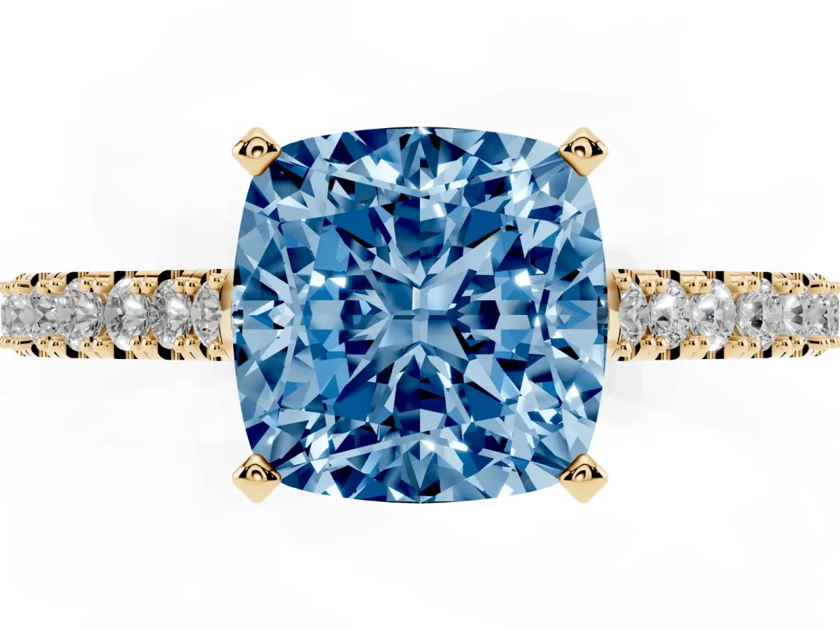 Fancy Blue Cushion Cut Cut Solitaire Diamond Engagement Ring with Pave Band and Four-Prong Setting Yellow gold