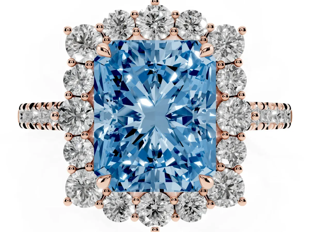 Fancy Blue Radiant Cut Halo Diamond Ring with Pavé Band and Prong Setting Rose gold