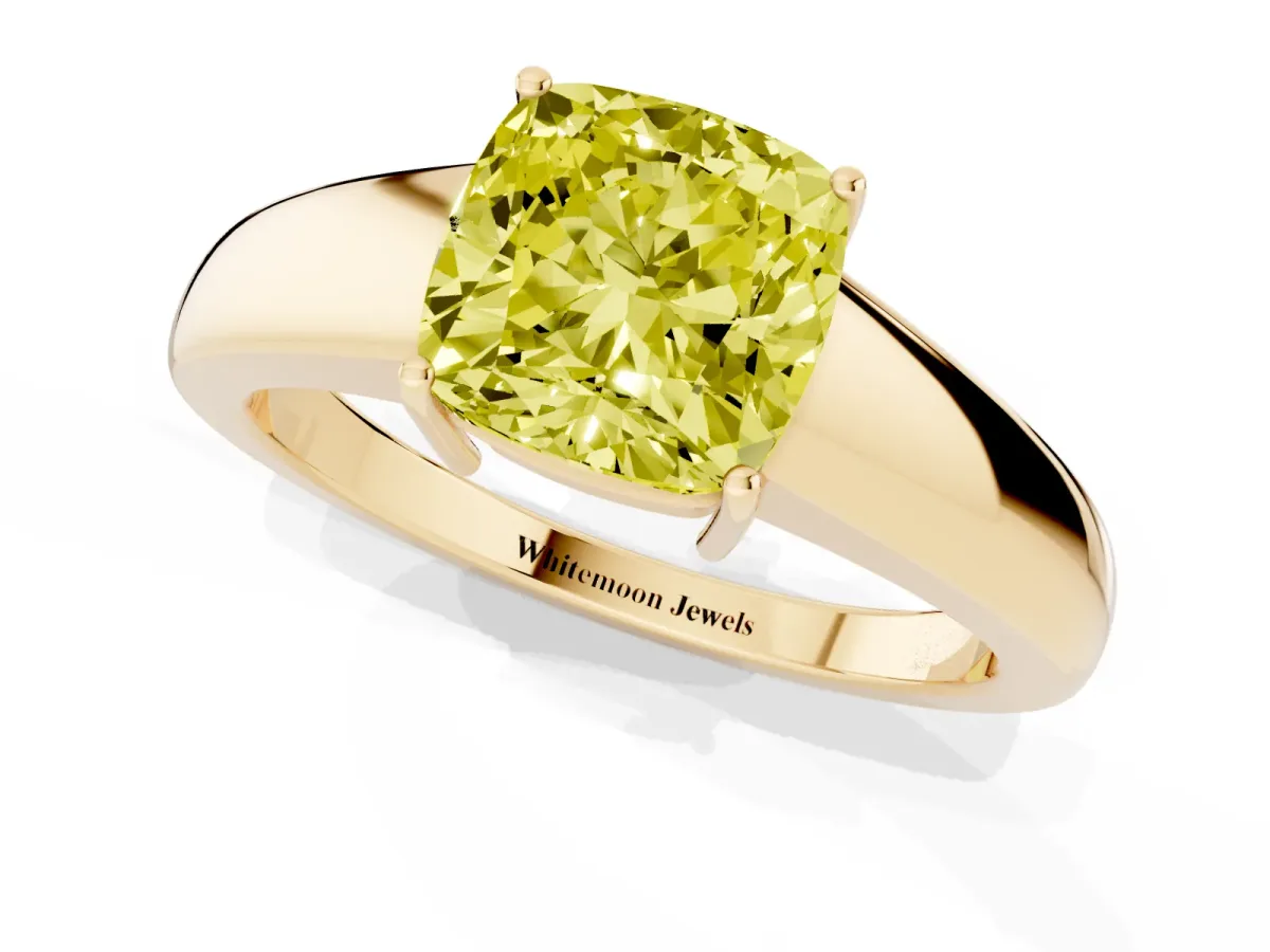 Fancy Yellow Cushion Cut Solitaire Diamond Ring with Tapered Band and Four-Prong Setting Yellow gold