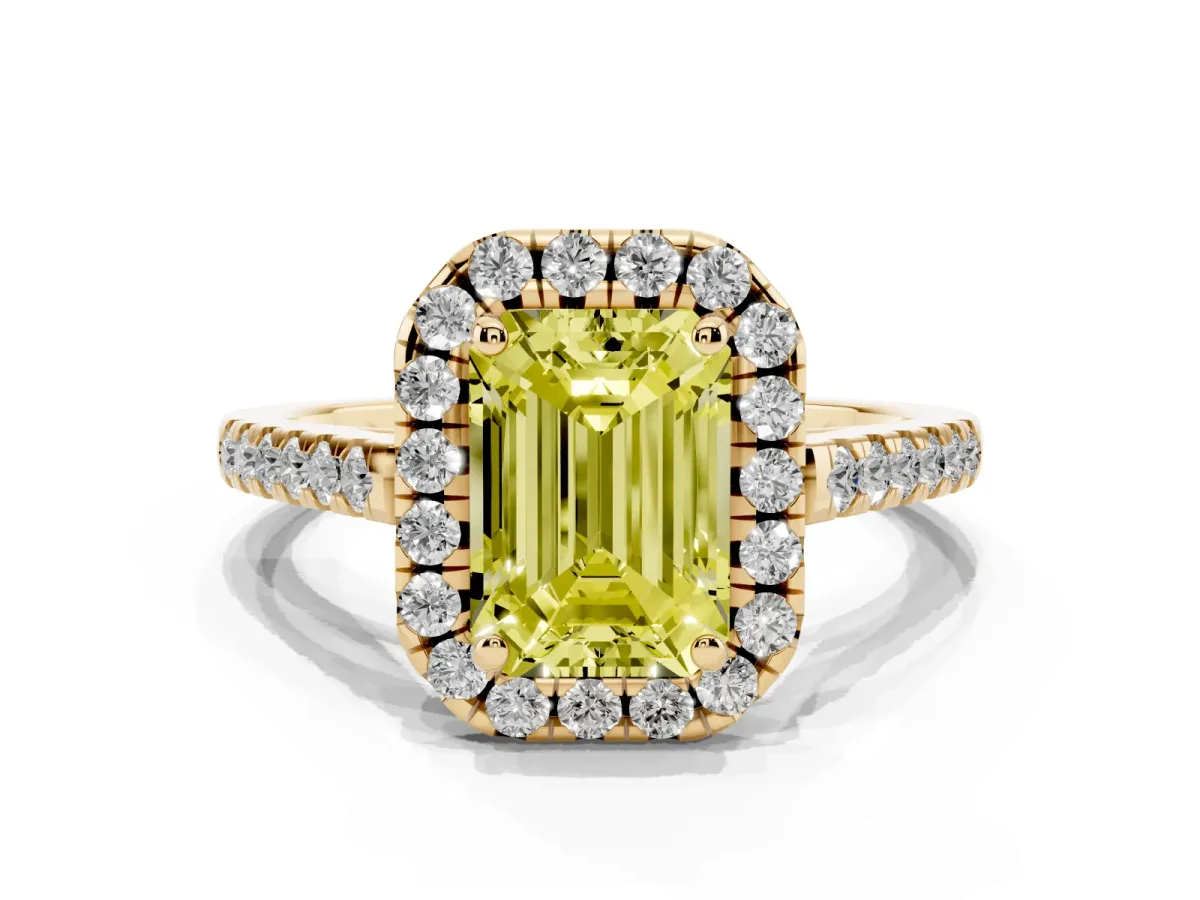 Fancy Yellow Emerald Cut Halo Pavé Diamond Engagement Ring with Four-Prong Setting Yellow gold