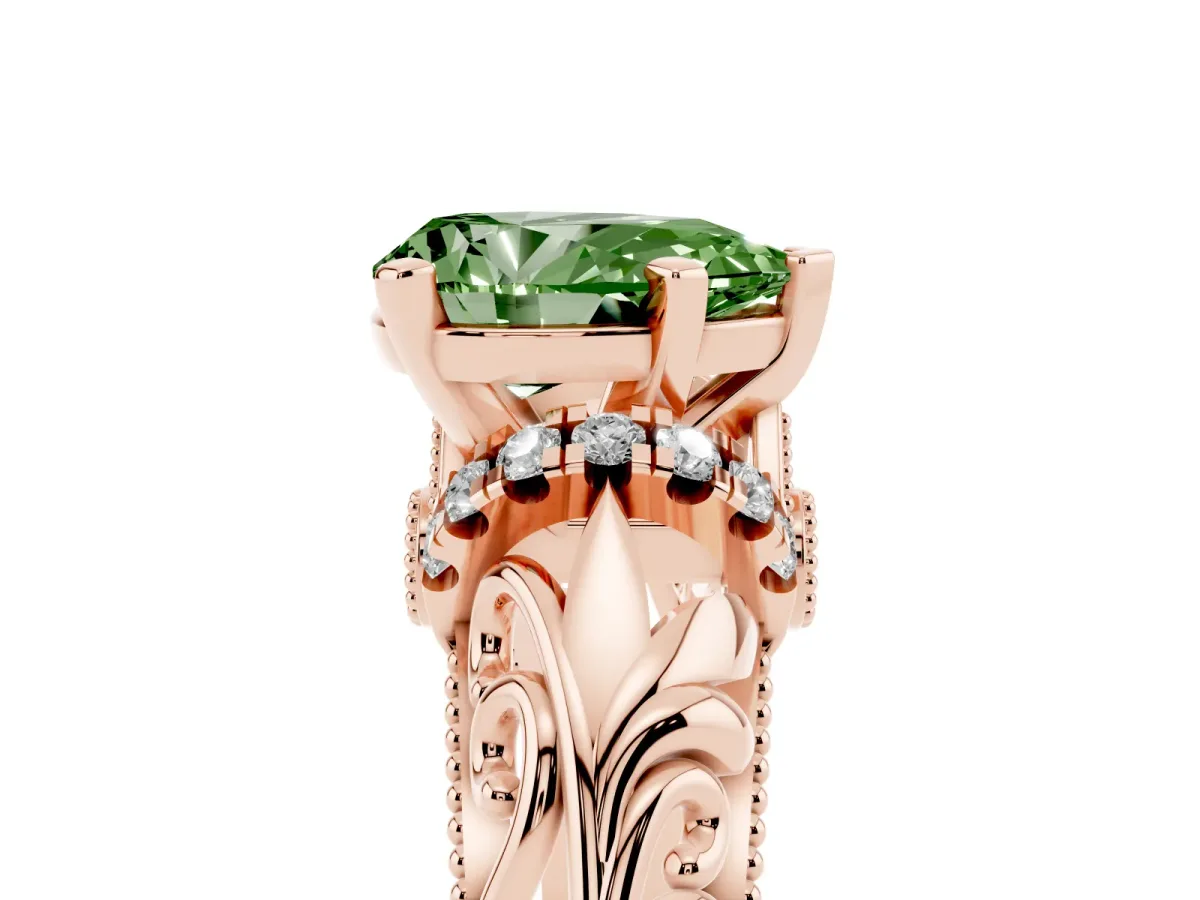 Fancy Green Pear Cut Solitaire Filigree Engagement Ring with Halo and Prong Setting Rose gold