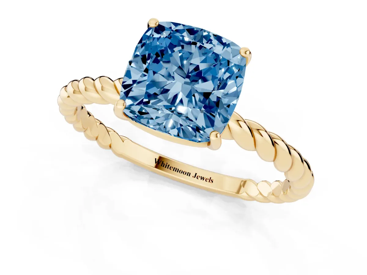 Fancy Blue Cushion Cut Solitaire Twisted Band 4-Prong Ring Yellow gold