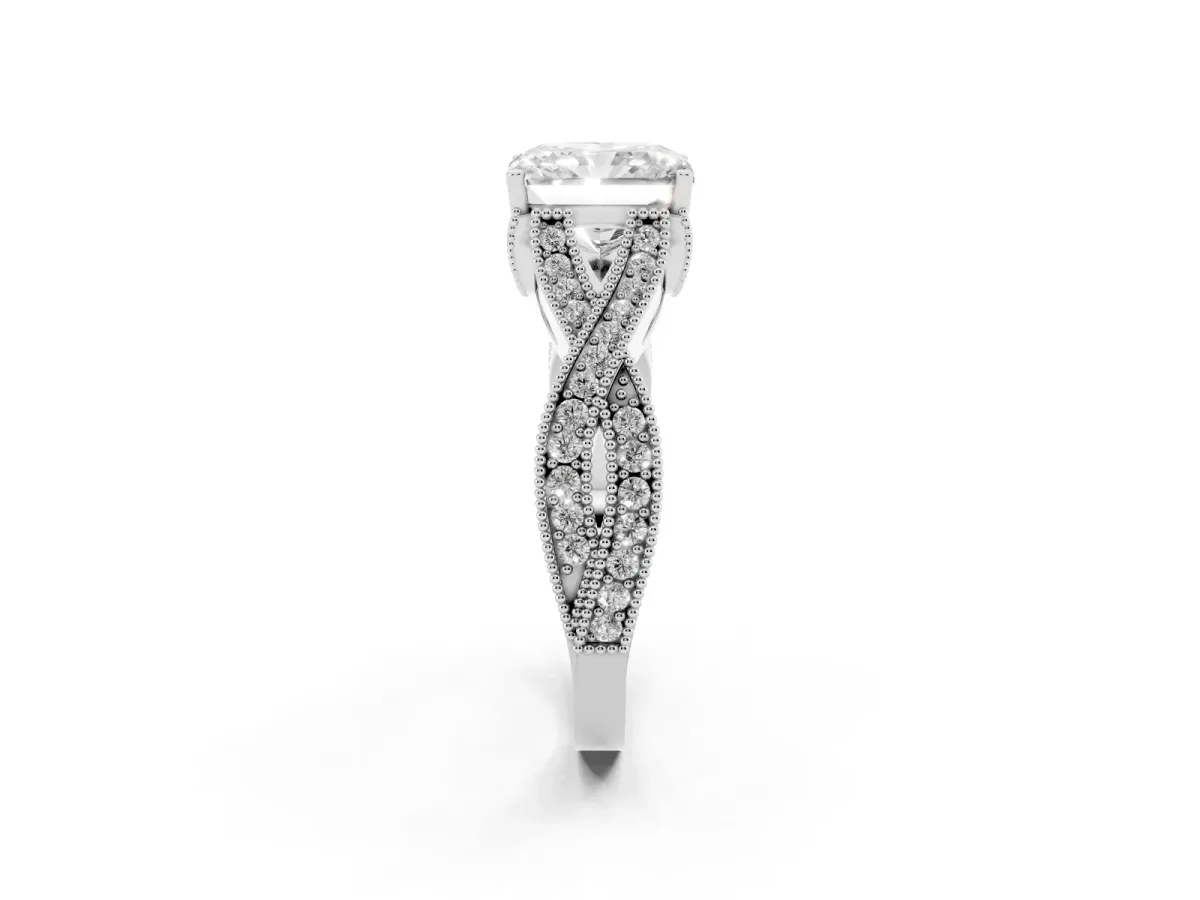 Radiant Cut Cut Diamond Twisted Band with Milgrain Pave Setting and Four-Prong Setting Silver