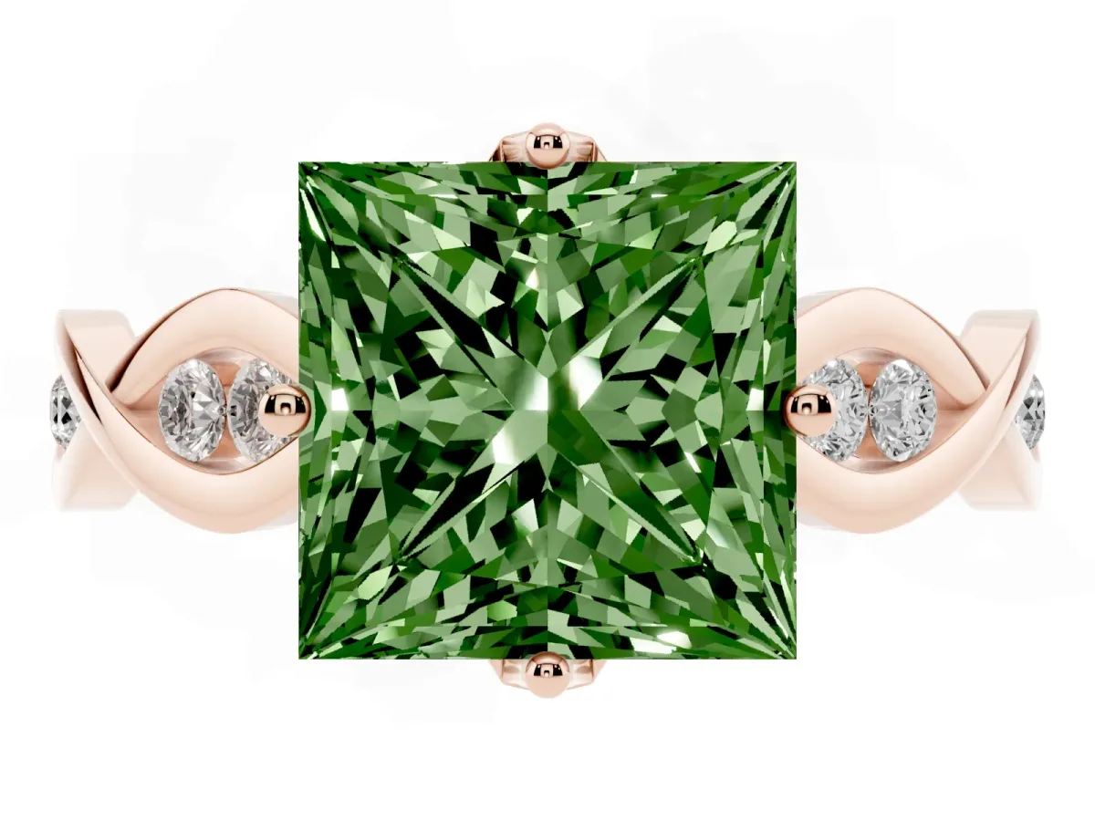 Fancy Green Princess Cut Solitaire Twist Band with Leaf Prong Setting Rose gold
