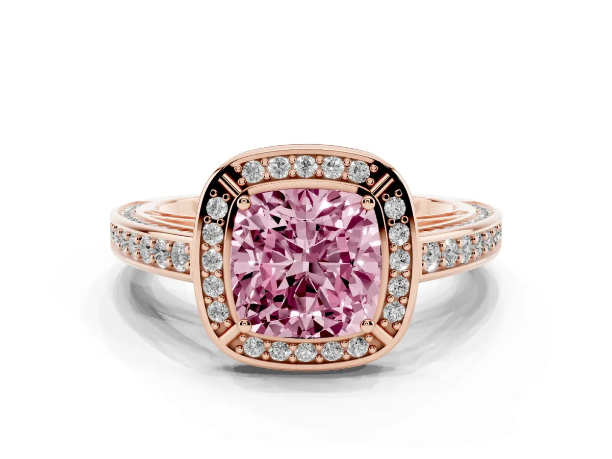 Fancy Pink Cushion Cut Cut Halo Pave Split Shank Prong Setting Ring Rose gold