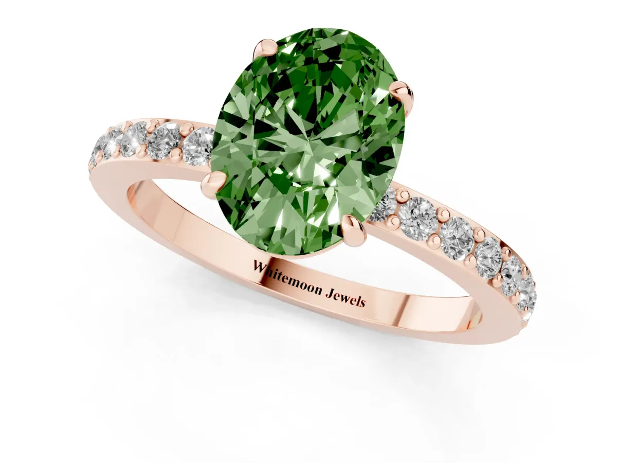 Fancy Green Oval Cut Diamond Pavé Engagement Ring with Round Accents and Prong Setting Rose gold