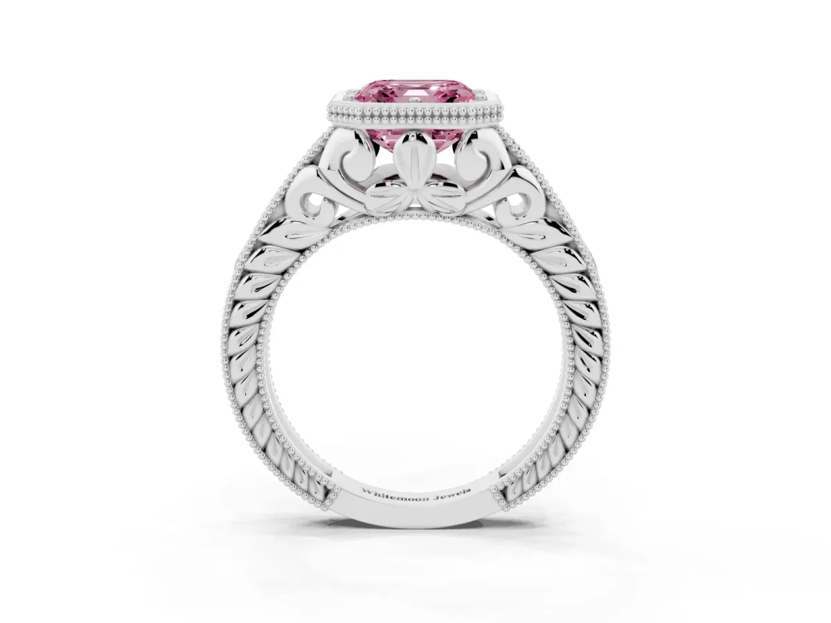 Fancy Pink Bezel Set Asscher Cut Diamond Milgrain Pave Engagement Ring Platinum