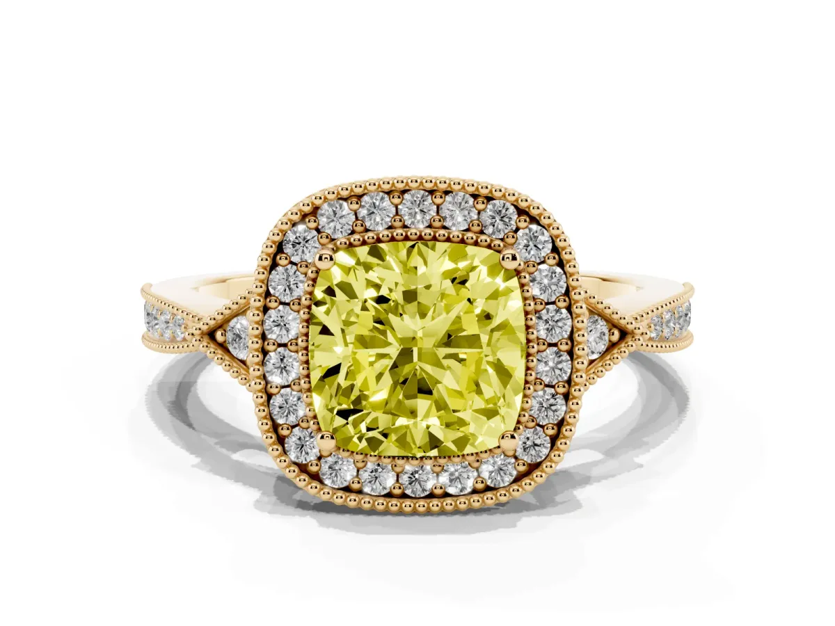 Fancy Yellow Cushion Cut Halo Round Diamond Milgrain Pave Engagement Ring Yellow gold