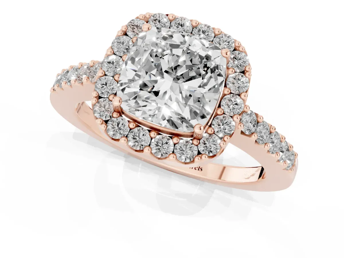 Cushion Cut Halo Diamond Pavé Solitaire Ring Rose gold