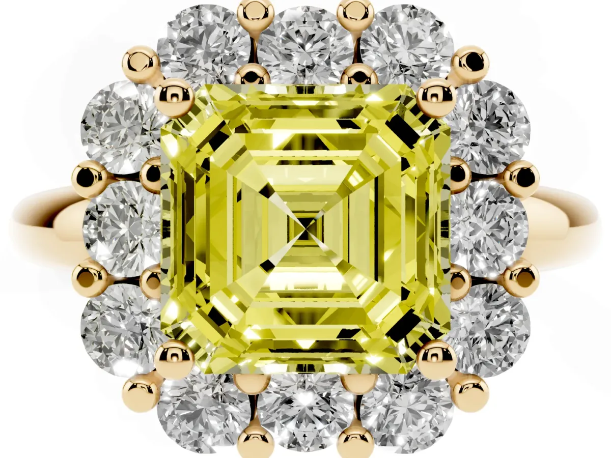 Fancy Yellow Asscher Cut Halo Cluster Diamond Engagement Ring with Prong Setting and Polished Band Yellow gold