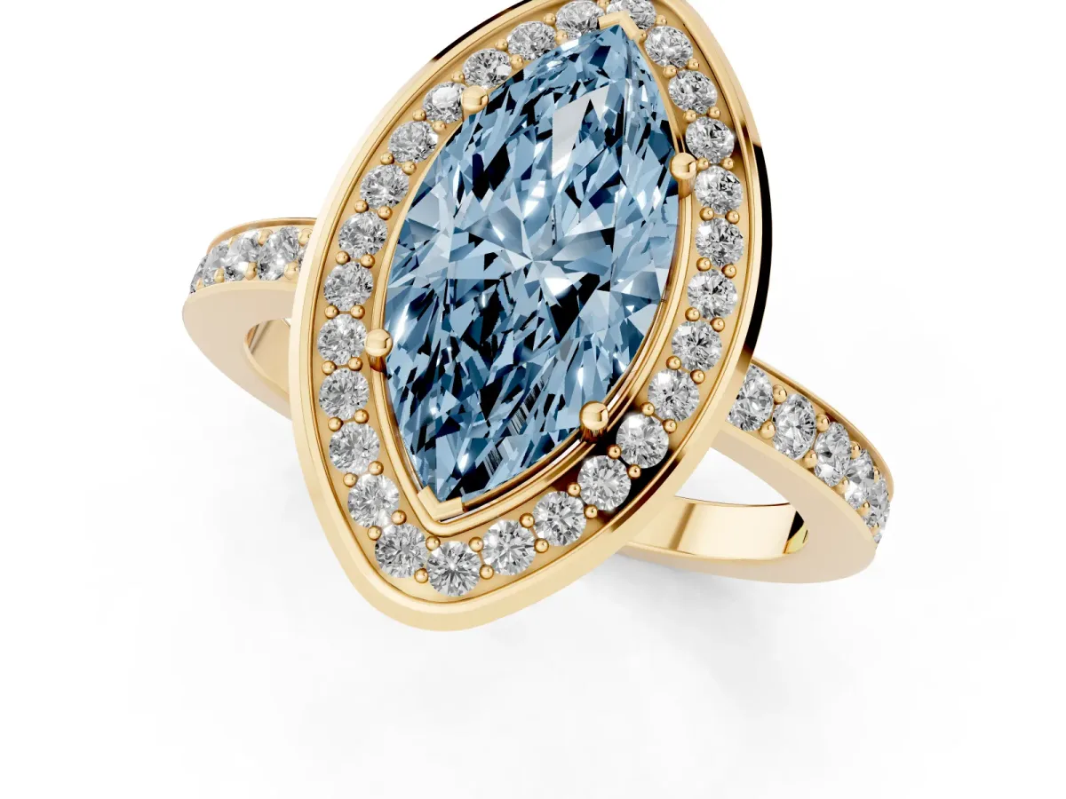 Fancy Blue Marquise Cut Diamond Halo Ring with Bezel Frame and Pavé Band Yellow gold