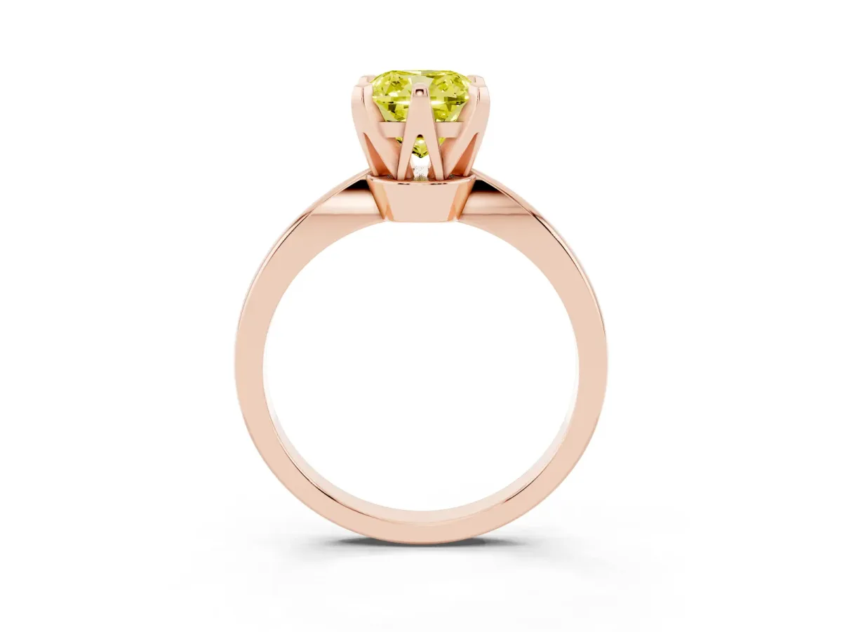 Fancy Yellow Cushion Cut Solitaire Engagement Ring with Six-Prong Setting and Tapered Band Rose gold