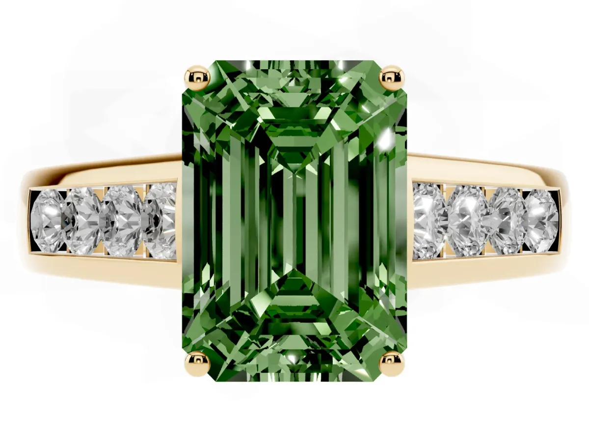Fancy Green Emerald Cut Brilliant Channel-Set Solitaire Ring with Four-Prong Setting Yellow gold