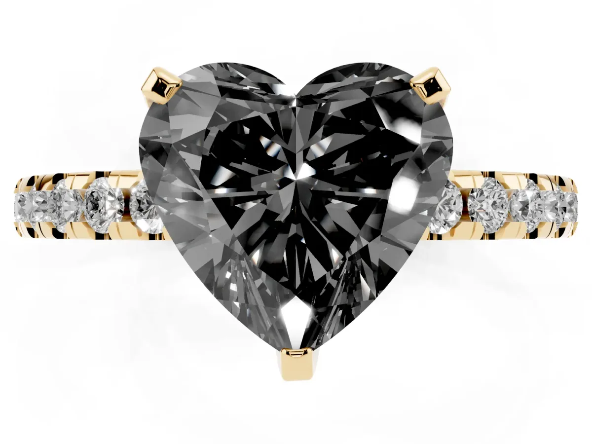 Fancy Black Heart Cut Diamond Solitaire Ring with Round Pavé Band and Four-Prong Setting Yellow gold