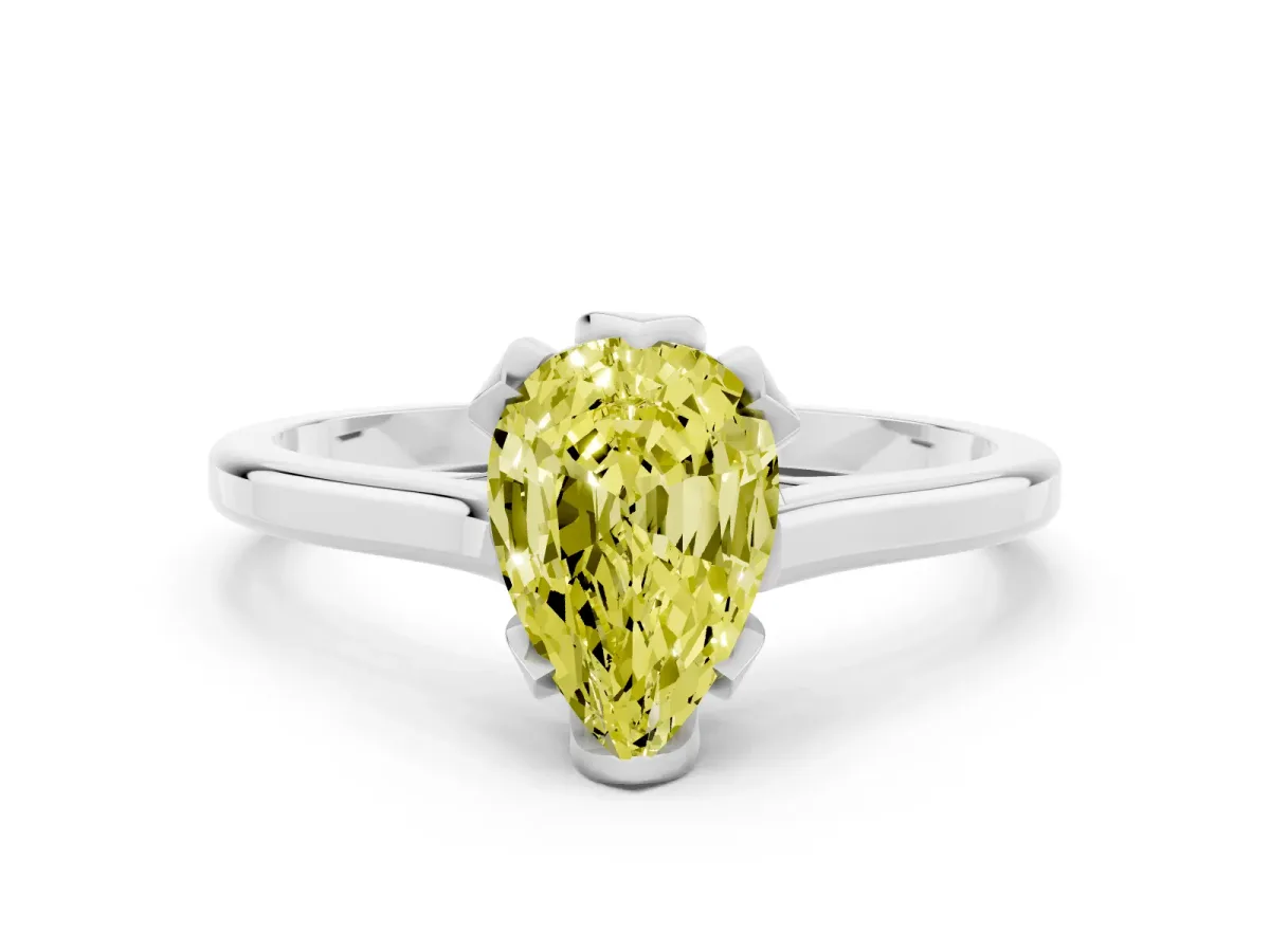 Fancy Yellow Pear Cut Diamond Solitaire Ring with Flower Prong Setting and Classic Band Silver