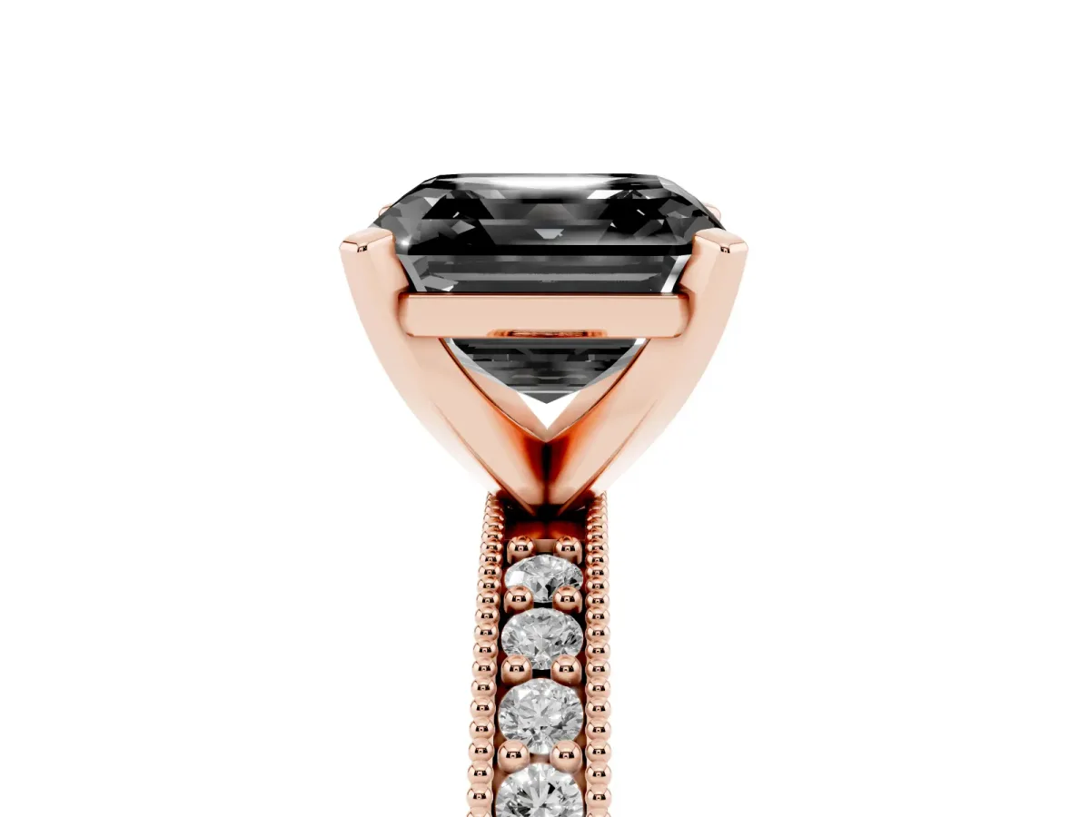 Fancy Black Asscher Cut Diamond Milgrain Pavé Engagement Ring with Four-Prong Setting Rose gold