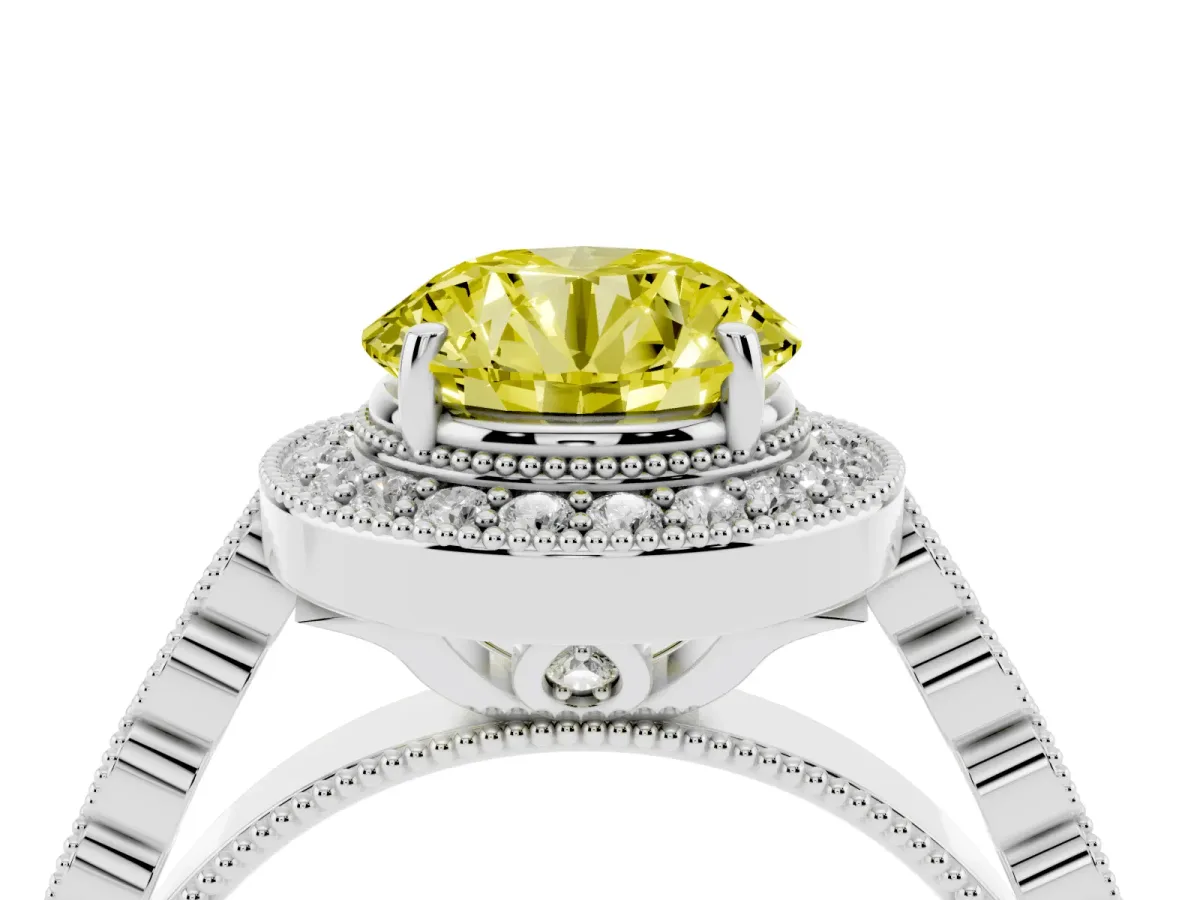 Fancy Yellow Round Cut Halo Milgrain Solitaire with Bezel Set Side Stones and Pave Band Platinum