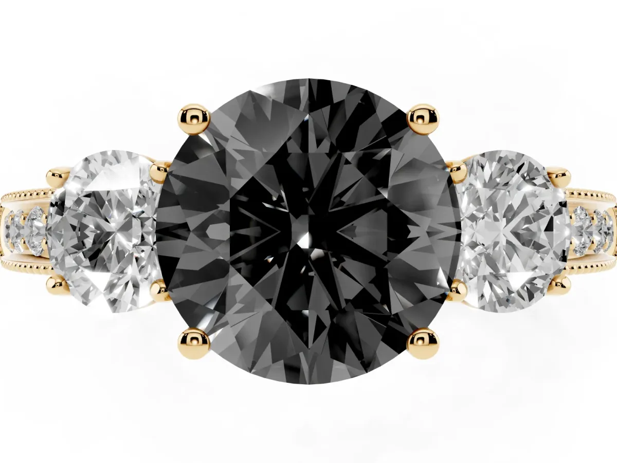 Fancy Black Round Cut Three-Stone Diamond Ring with Pavé Band and Four-Prong Setting Yellow gold