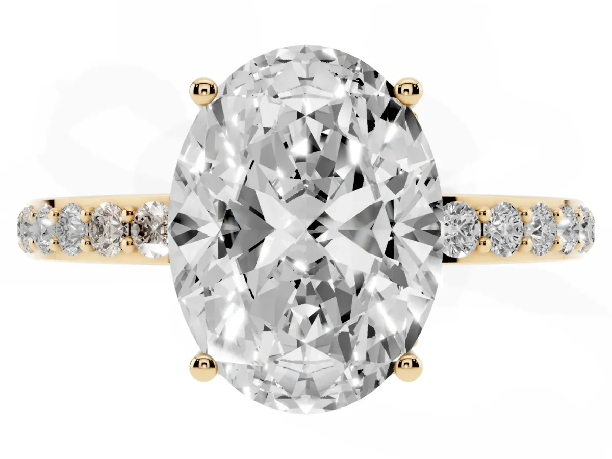 Oval Cut Diamond Solitaire Ring with Pavé Band and Hidden Halo Yellow gold