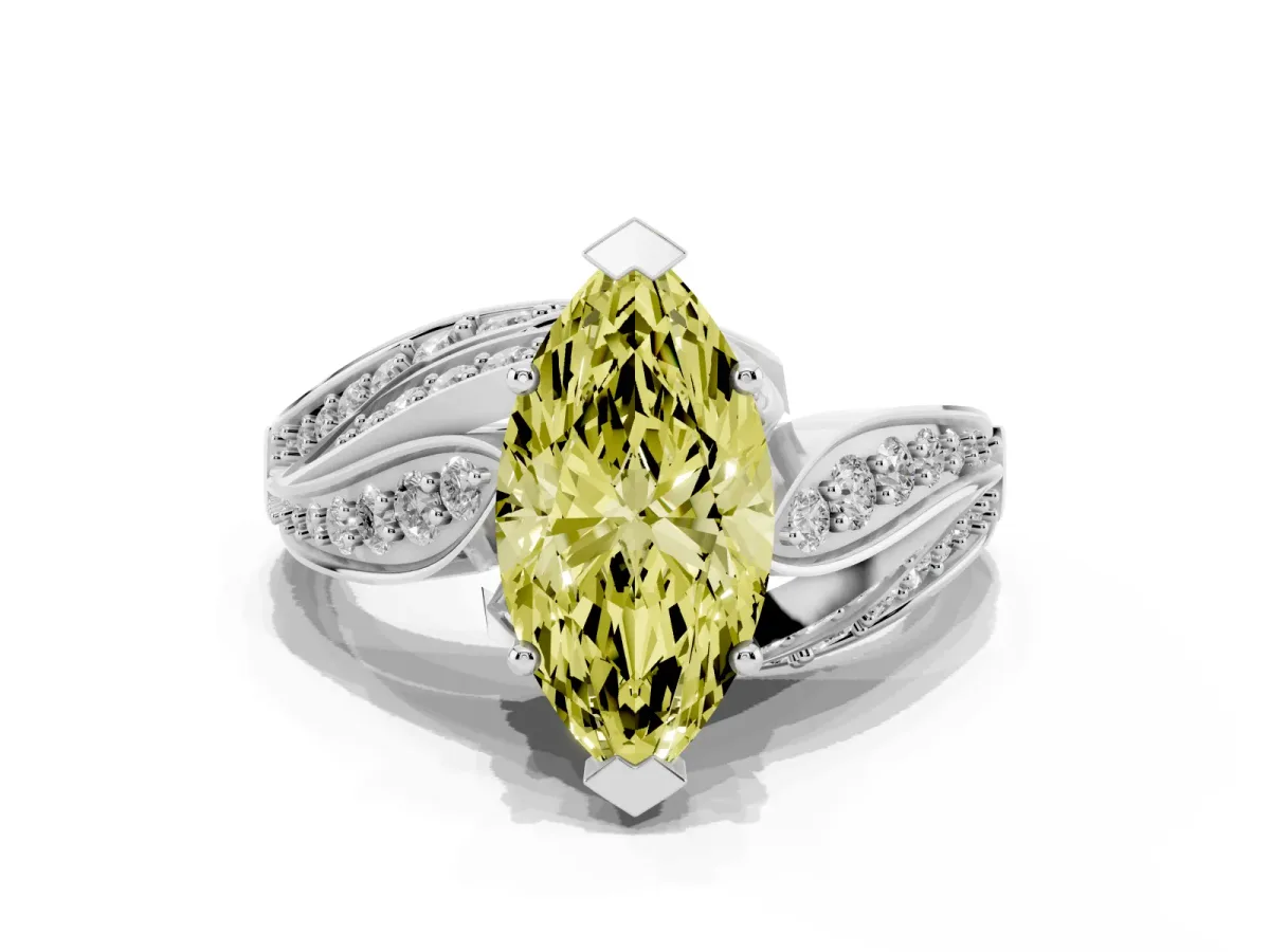 Fancy Yellow Marquise Cut Diamond Solitaire Ring with Prong Setting and Twisted Pavé Band Platinum