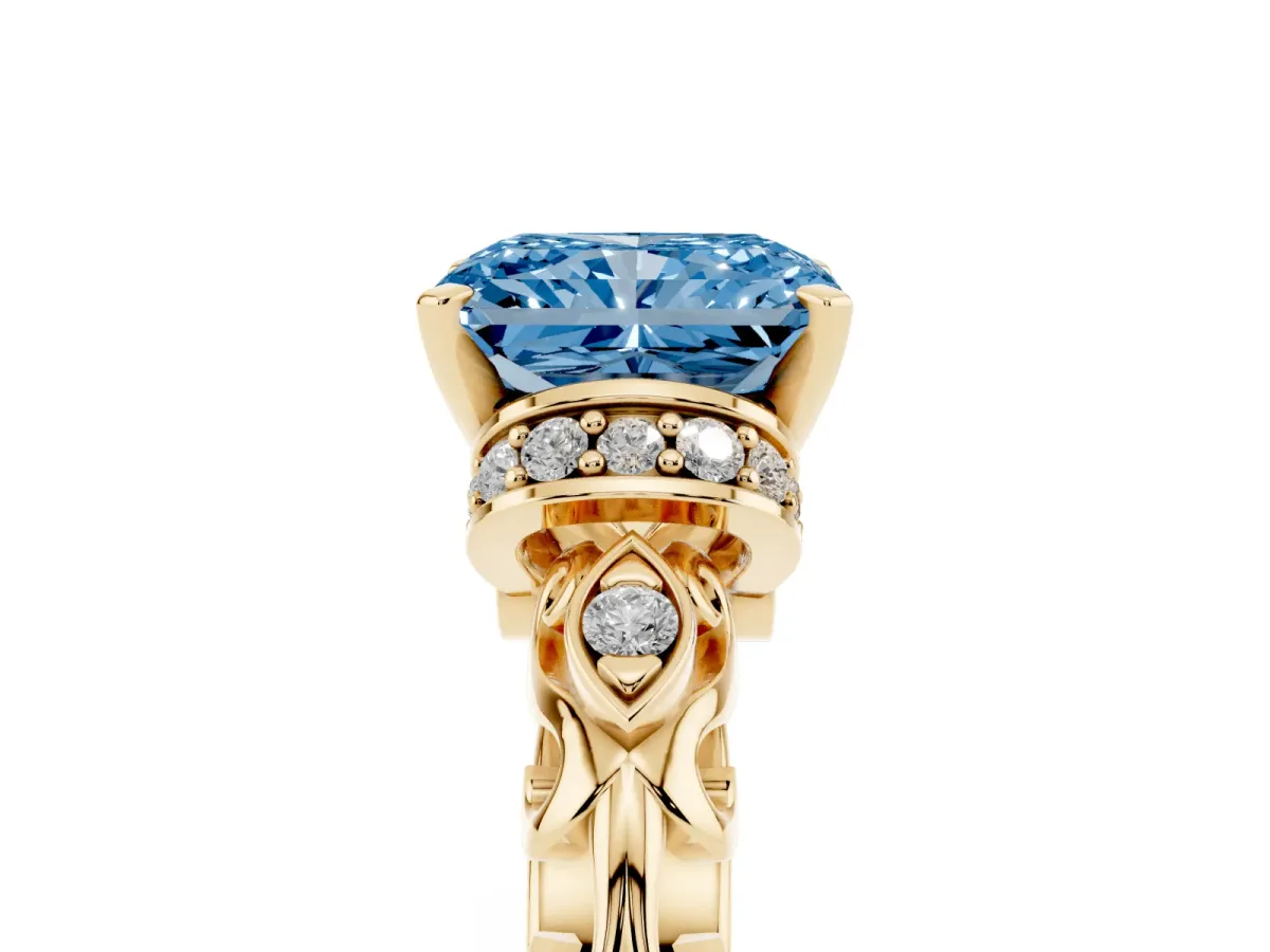 Fancy Blue Radiant Cut Diamond Solitaire Ring with Filigree Band and Four-Prong Setting Yellow gold