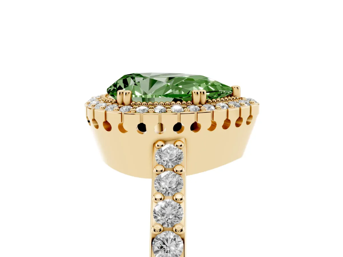Fancy Green Pear Cut Cut Diamond Halo Engagement Ring with Milgrain Detail and Pavé Band Yellow gold
