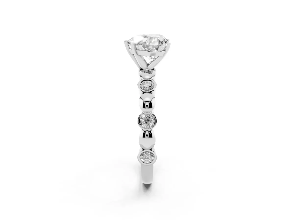 Heart Cut Solitaire Bezel-Set Diamond Ring with Beaded Band and Four-Prong Setting Silver