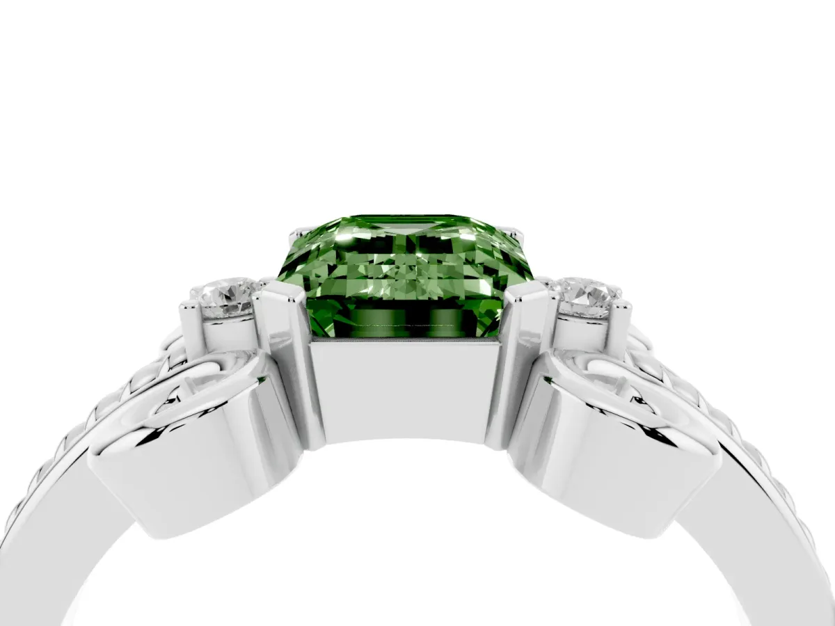 Fancy Green Emerald Cut Solitaire Twisted Band Scroll Prong Ring Silver