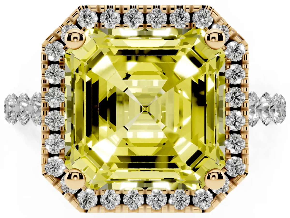 Fancy Yellow Asscher Cut Halo Pavé Diamond Engagement Ring with Four-Prong Setting Yellow gold