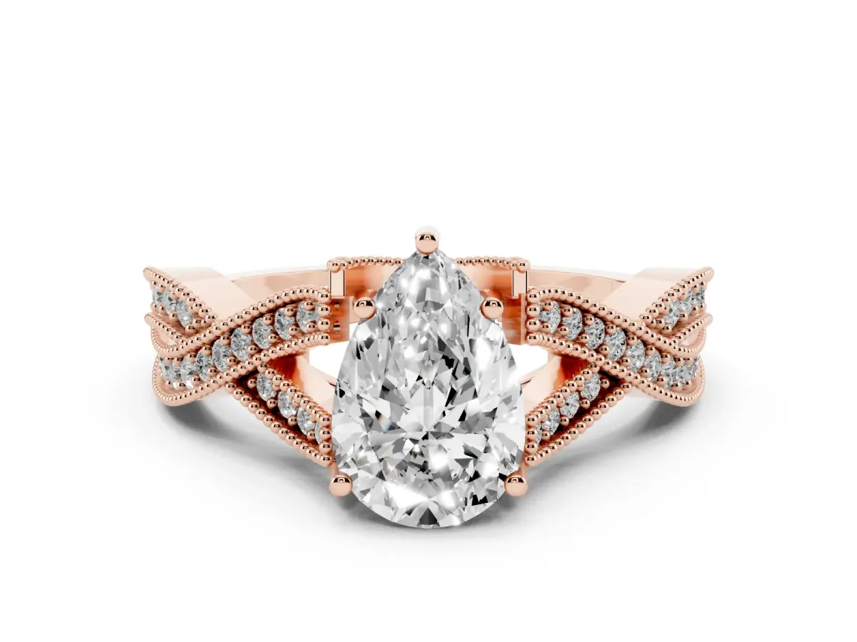 Pear Cut Cut Diamond Twisted Band with Milgrain Pave Setting and Four-Prong Setting Rose gold