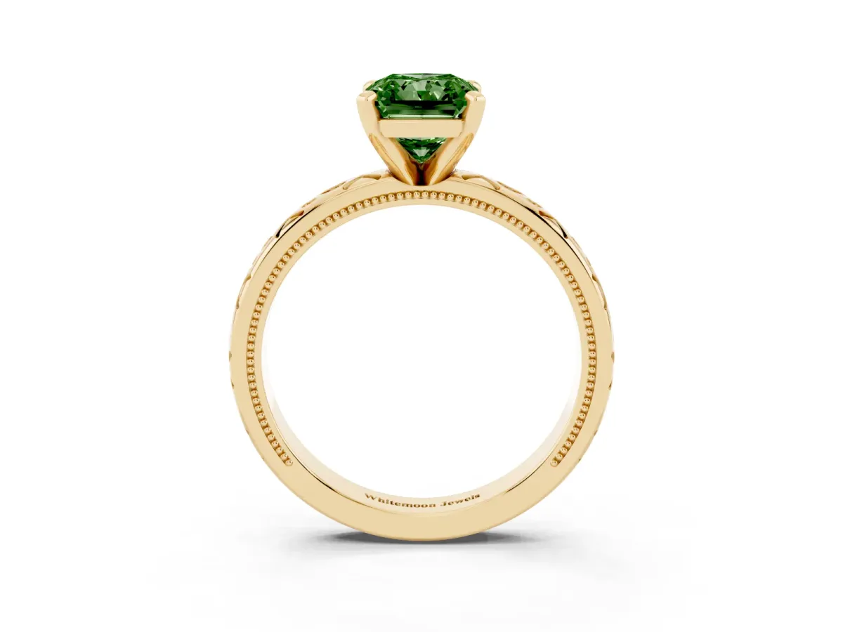 Fancy Green Radiant Cut Solitaire Engagement Ring with Scrollwork Band and Four-Prong Setting Yellow gold