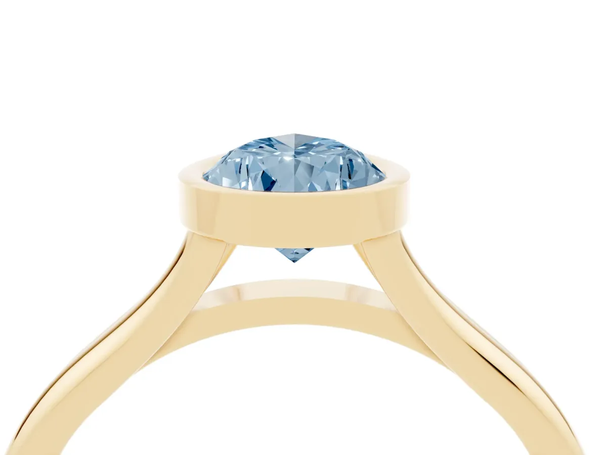 Fancy Blue Bezel Set Pear Cut Cut Solitaire Ring with Tapered Band Yellow gold