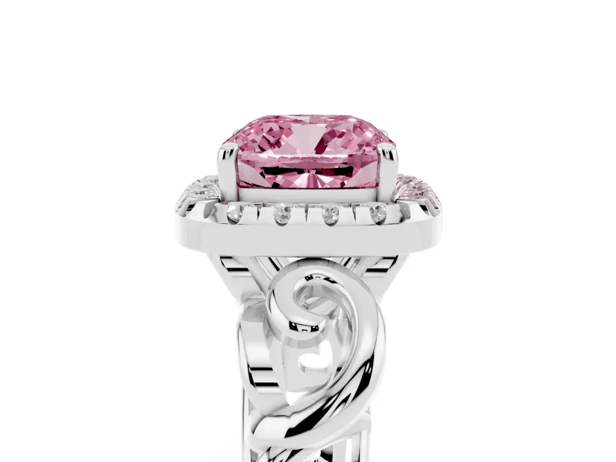 Fancy Pink Cushion Cut Cut Halo Diamond Ring with Scrollwork Band and Four-Prong Setting Silver