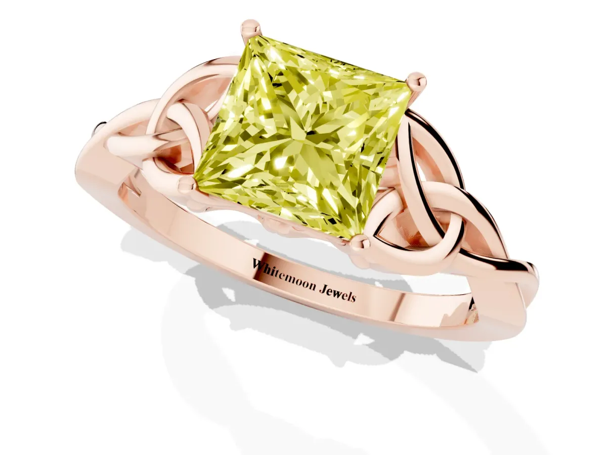 Fancy Yellow Princess Cut Diamond Solitaire Engagement Ring with Celtic Knot Band and Four-Prong Setting Rose gold