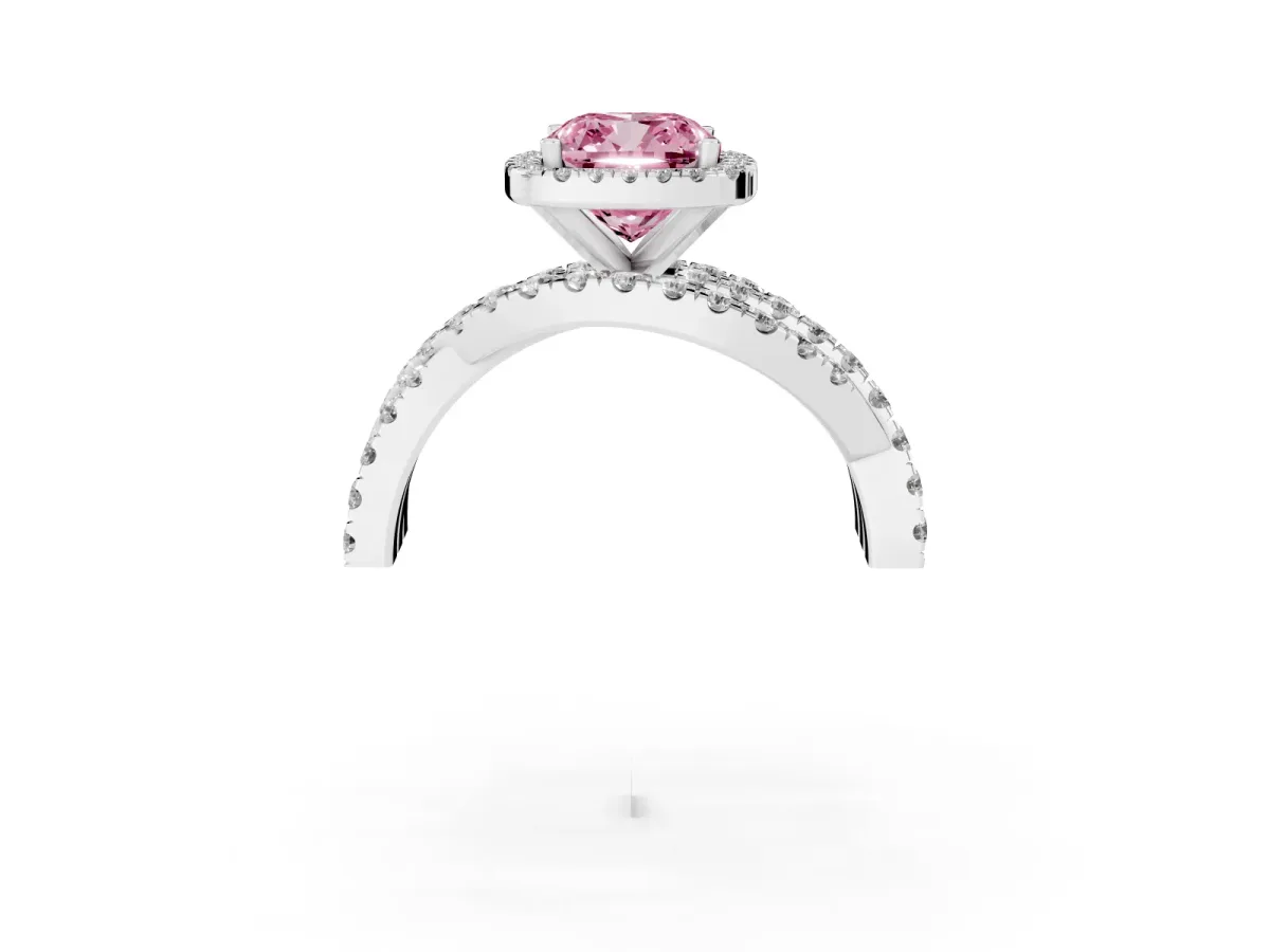 Fancy Pink Cushion Cut Diamond Halo Ring with Round Split Shank and Prong Setting Platinum