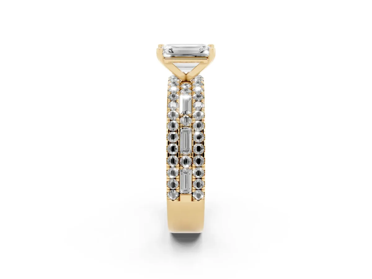 Emerald Cut Diamond Solitaire Ring with Pavé and Channel Set Band Yellow gold