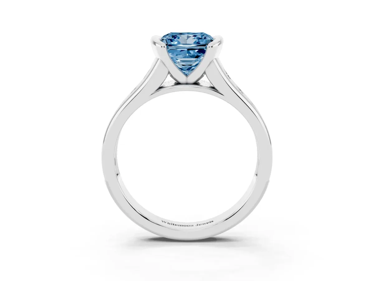 Fancy Blue Princess Cut Solitaire Bezel-Set Diamond Ring with Channel-Set Band Silver