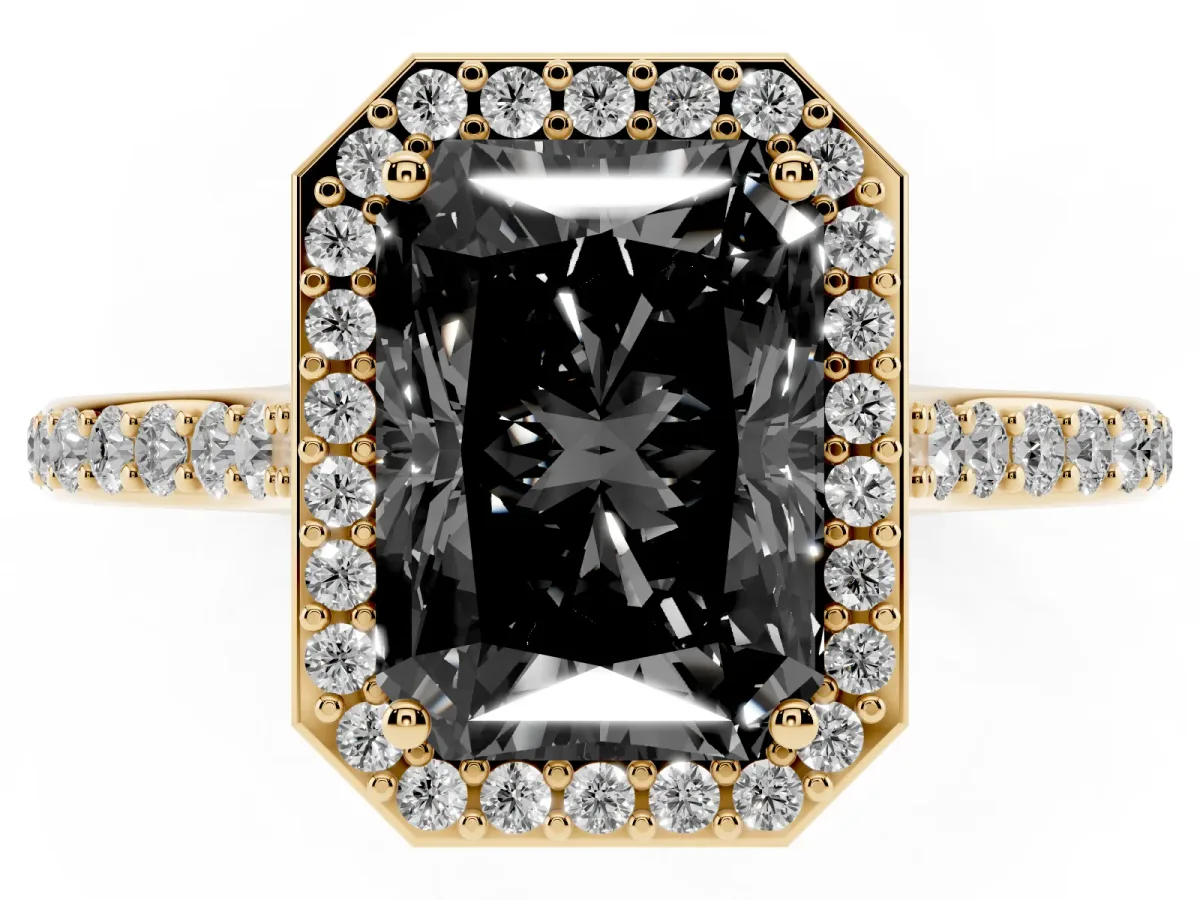 Fancy Black Radiant Cut Diamond Halo Engagement Ring with Round Pavé Shoulders and Prong Setting Yellow gold