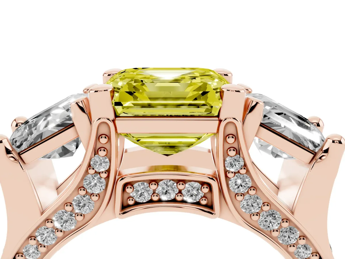 Fancy Yellow Asscher Cut Diamond Three-Stone Ring with Channel Set Band and Four-Prong Setting Rose gold
