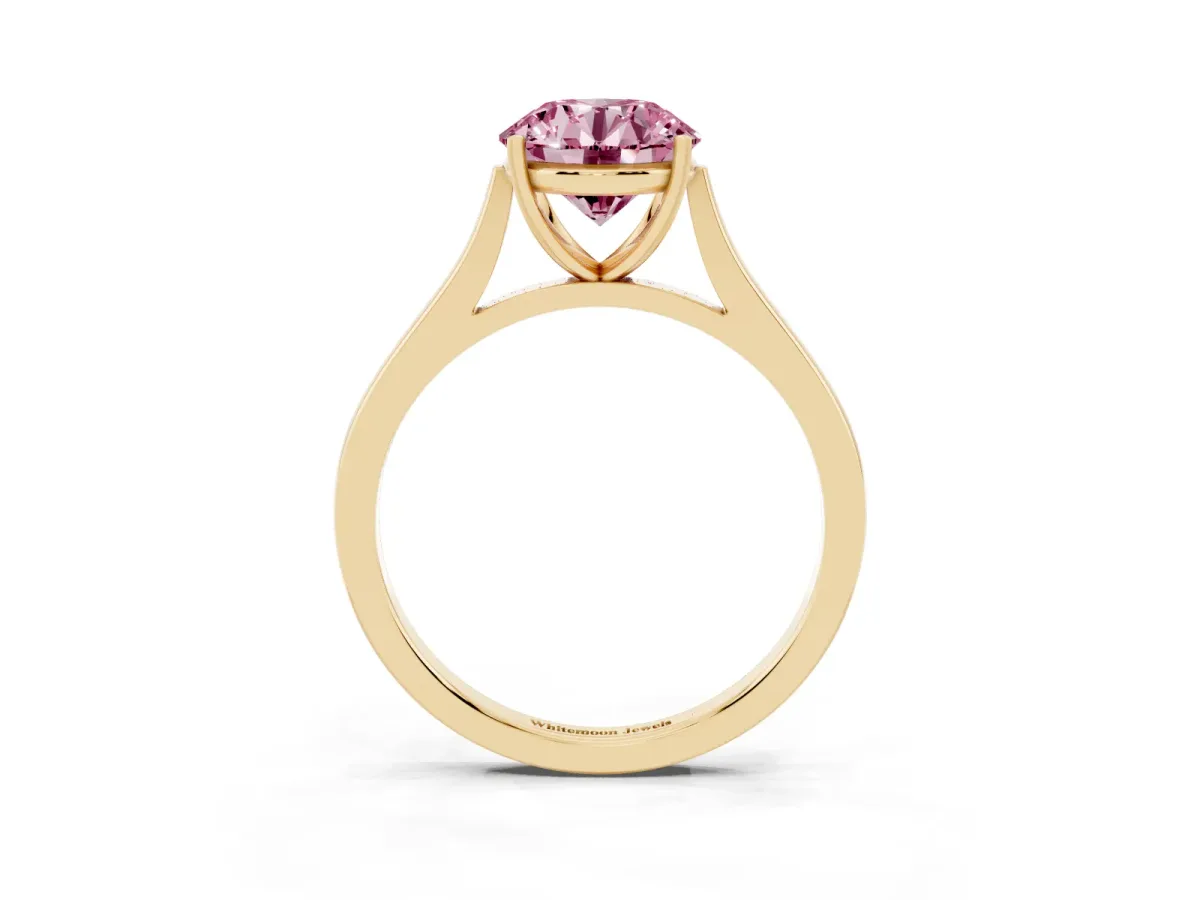 Fancy Pink Round Cut Solitaire Heart Prong Engagement Ring with Tapered Band Yellow gold