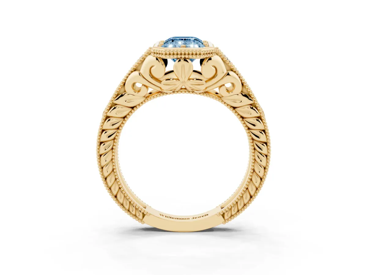 Fancy Blue Bezel Set Emerald Cut Diamond Milgrain Pave Engagement Ring Yellow gold